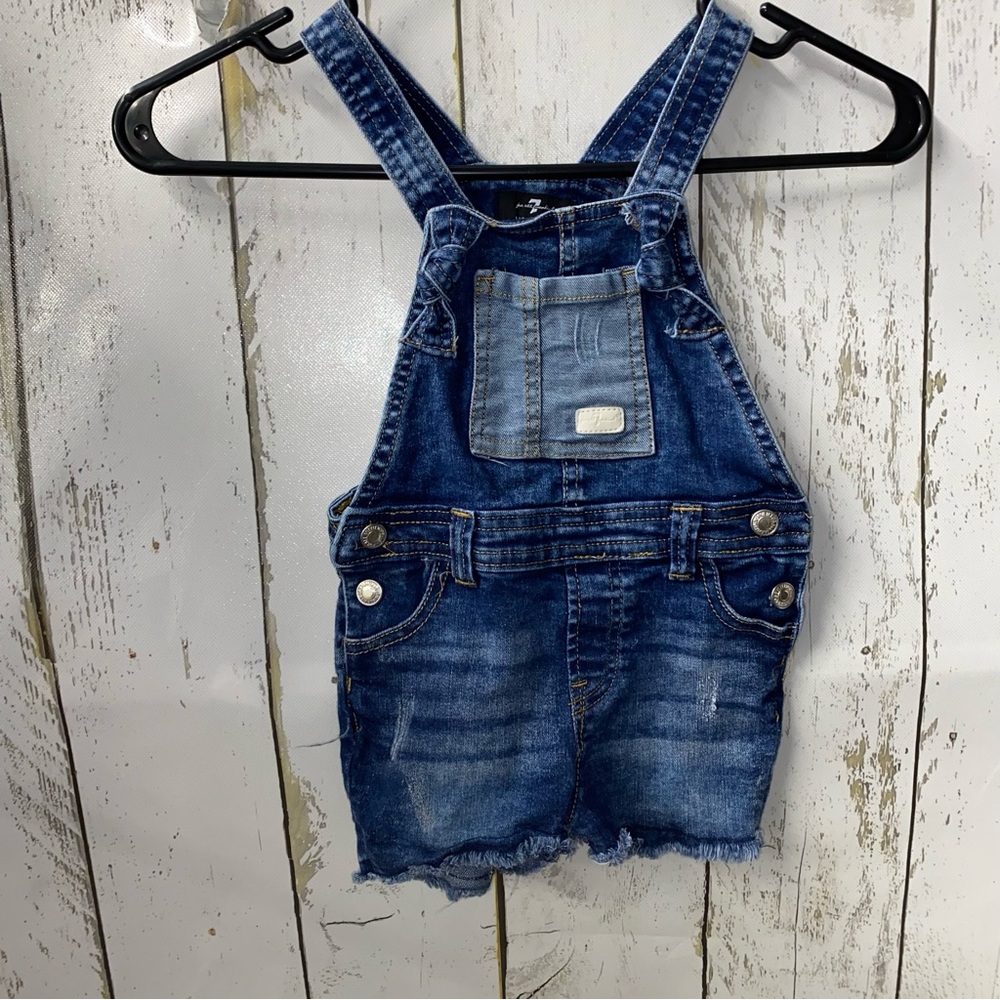 7 for all Mankind Toddler Girls 24M Overall Shorts Denim Distressed Raw Hem.